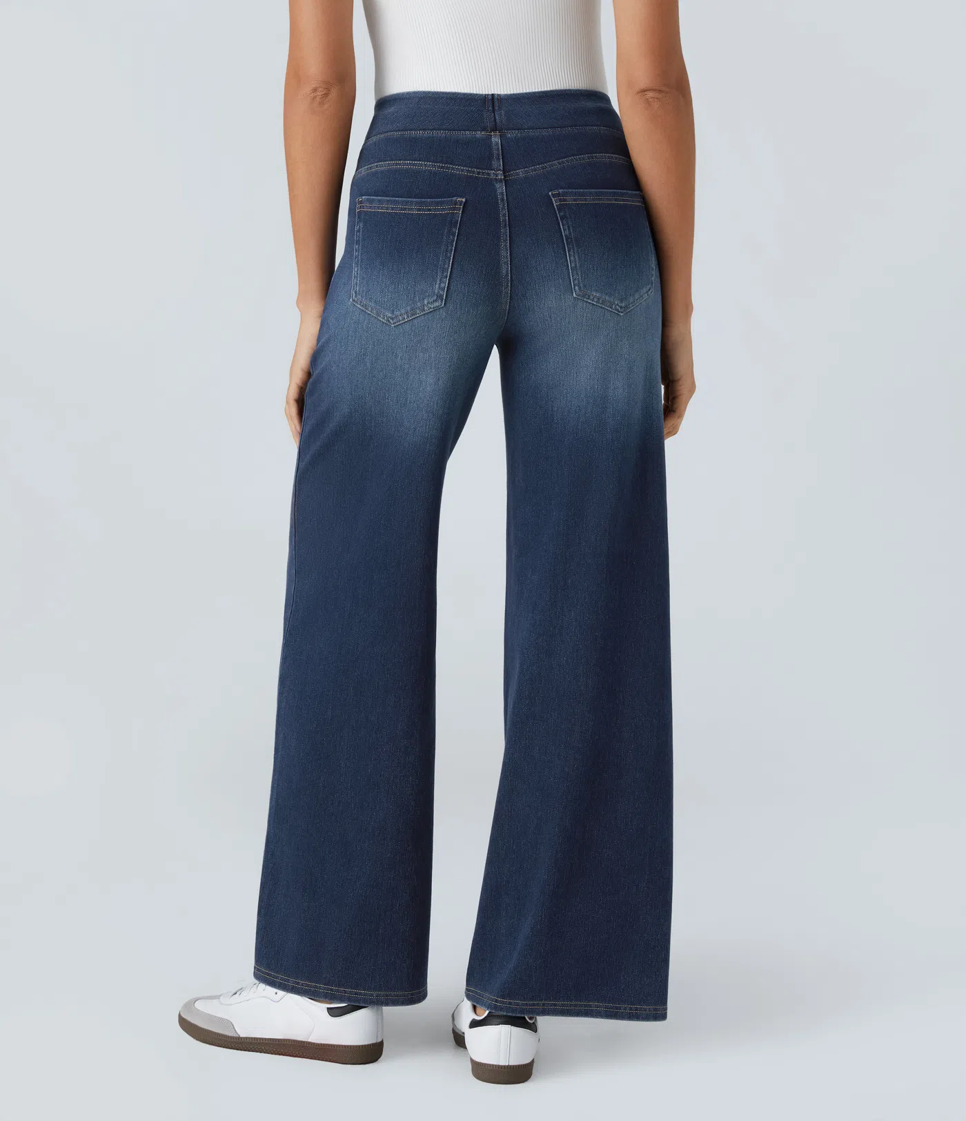 Halara Flex™ Baggy Jeans aus verwaschenem Stretch-Strick mit hohem Bund, mehreren Taschen und weitem Bein, Wide Leg Jeans