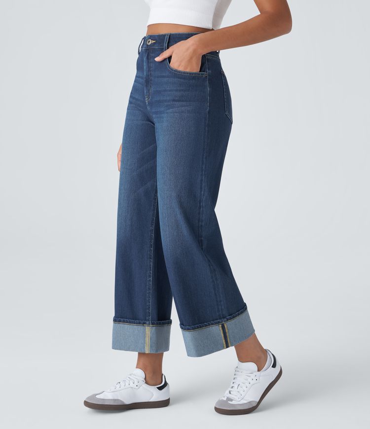 HalaraMagic™ High Waisted Multiple Pockets Rolled Hem Wide Leg Washed Stretchy Knit Casual Jeans