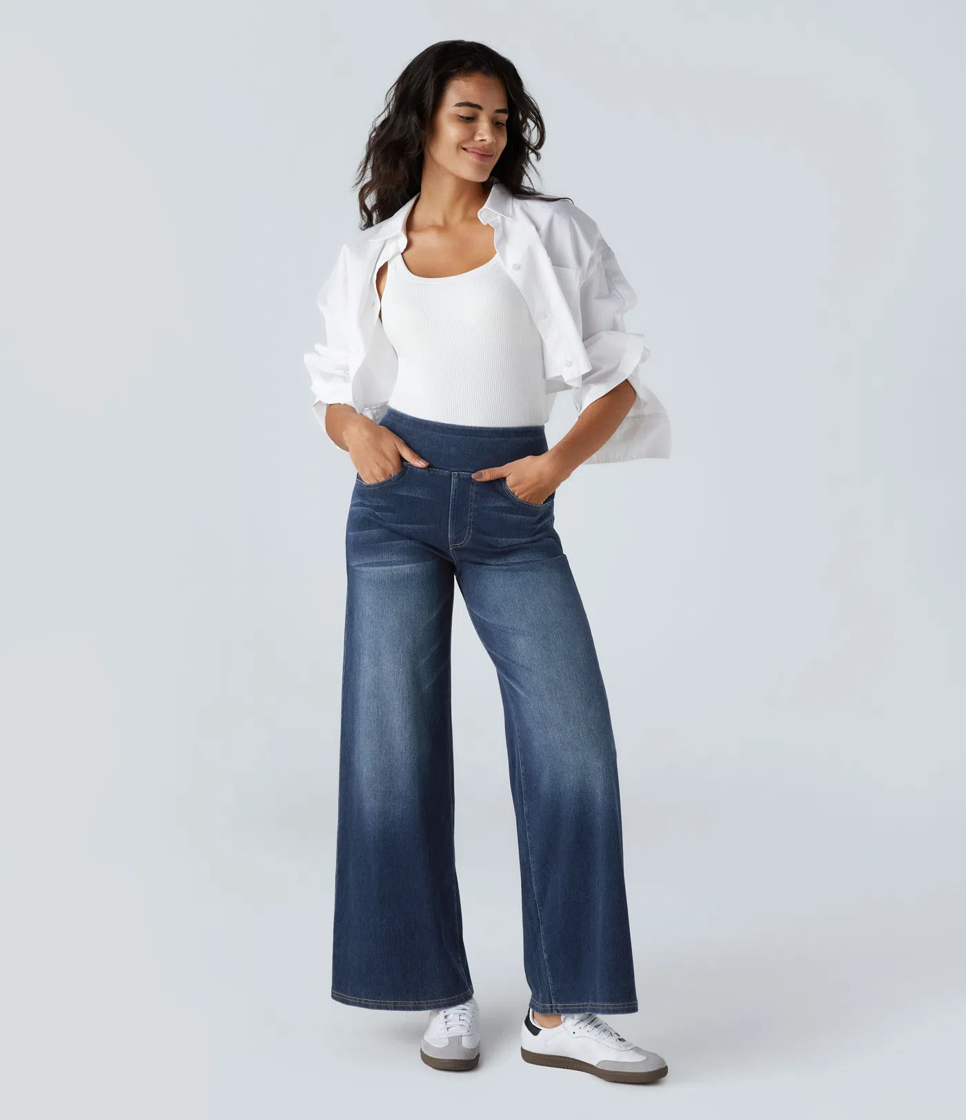 Halara Flex™ Baggy Jeans aus verwaschenem Stretch-Strick mit hohem Bund, mehreren Taschen und weitem Bein, Wide Leg Jeans