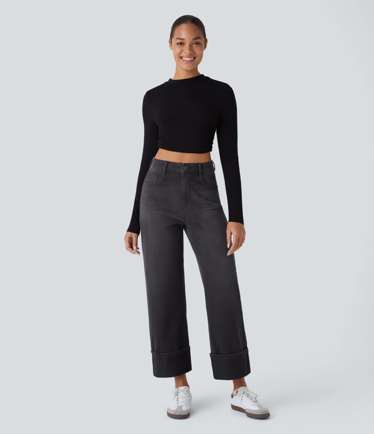 Halara Flex™ Jean Larges Taille Haute Ourlet Roulotté Multiples Poches