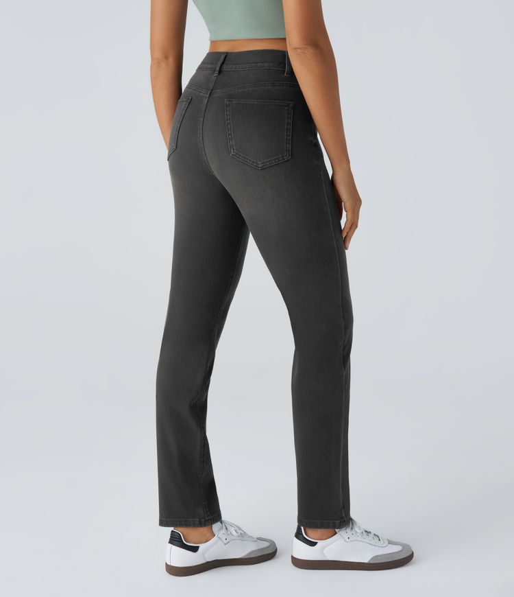 HalaraMagic™ High Waisted Multiple Pockets Straight Leg Washed Stretchy Knit Casual Jeans