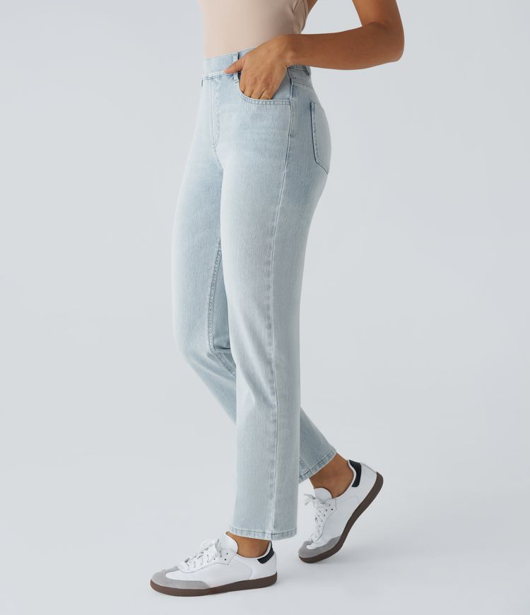 Halara Flex™ High Waisted Pockets Straight Leg Washed Casual Jeans