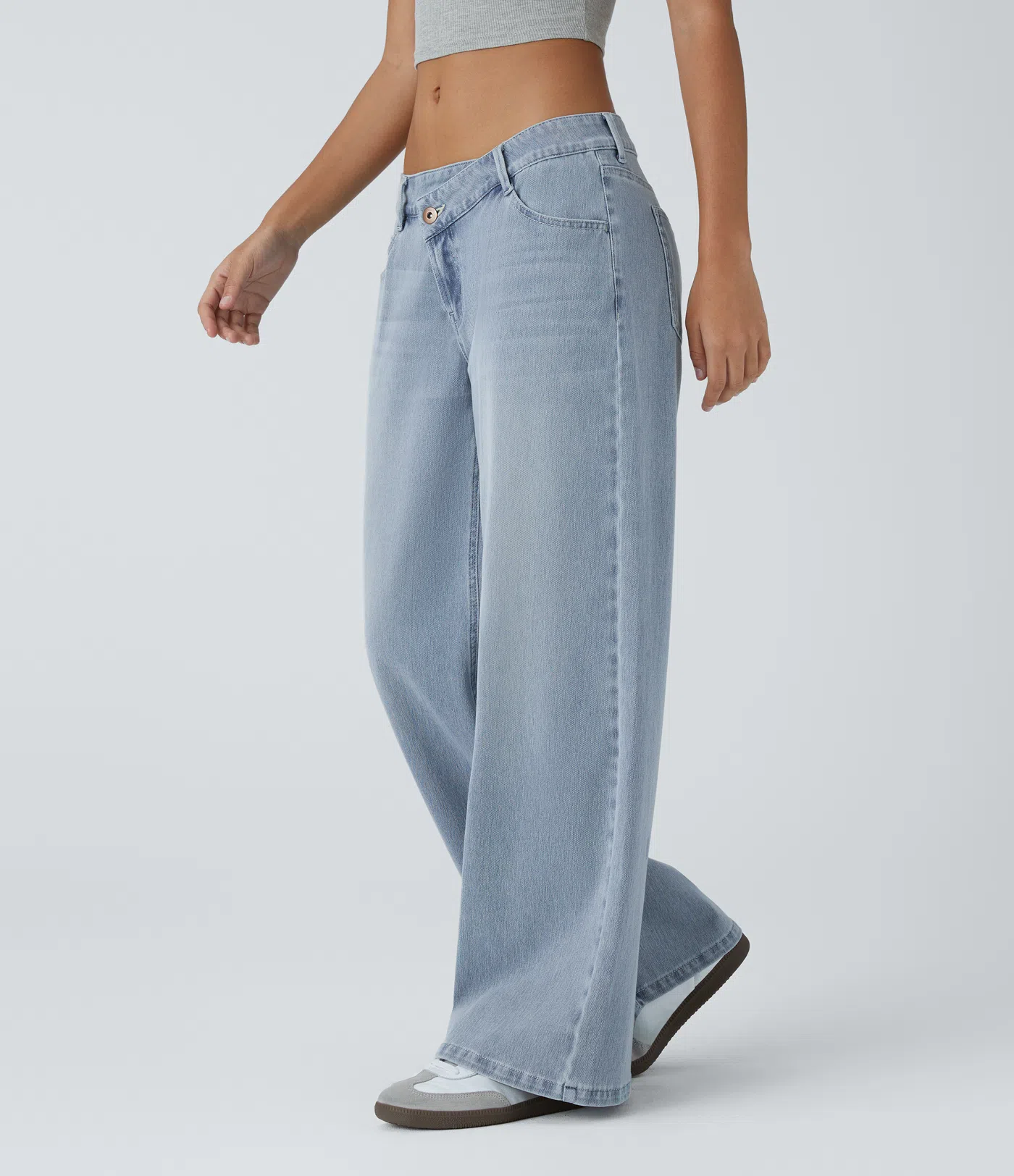 Halara Flex™ Asymmetric Low Rise Button Zipper Multiple Pockets Wide Leg Washed Stretchy Knit Casual Jeans