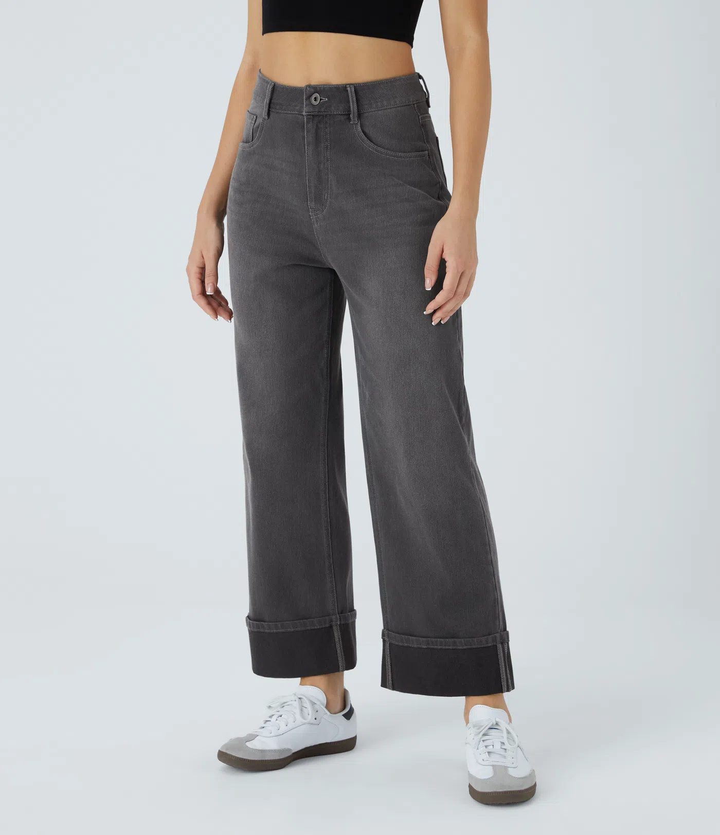 Halara Flex™ High Waisted Multiple Pockets Rolled Hem Wide Leg Washed Stretchy Knit Casual Jeans