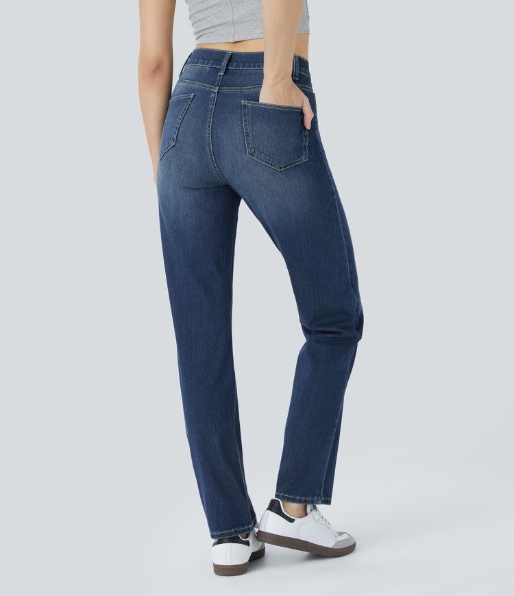 Halara Flex™ High-Waist Multi-Pocket Straight-Leg Washed Stretch Knit Casual Jeans