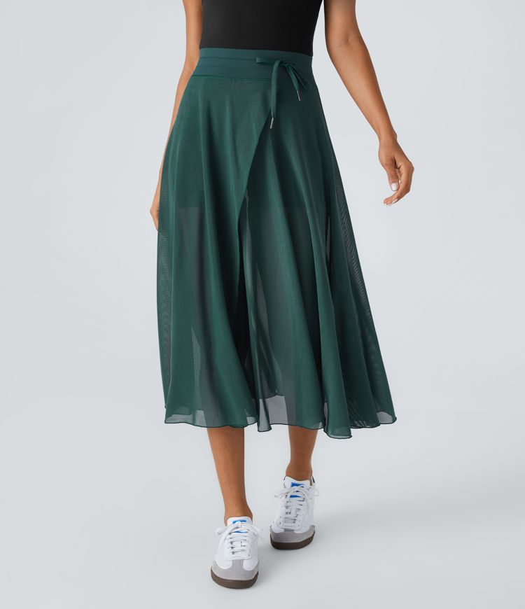 High Waisted Drawstring Contrast Mesh 2-in-1 Pocket Flowy Midi Flare Casual Skirt