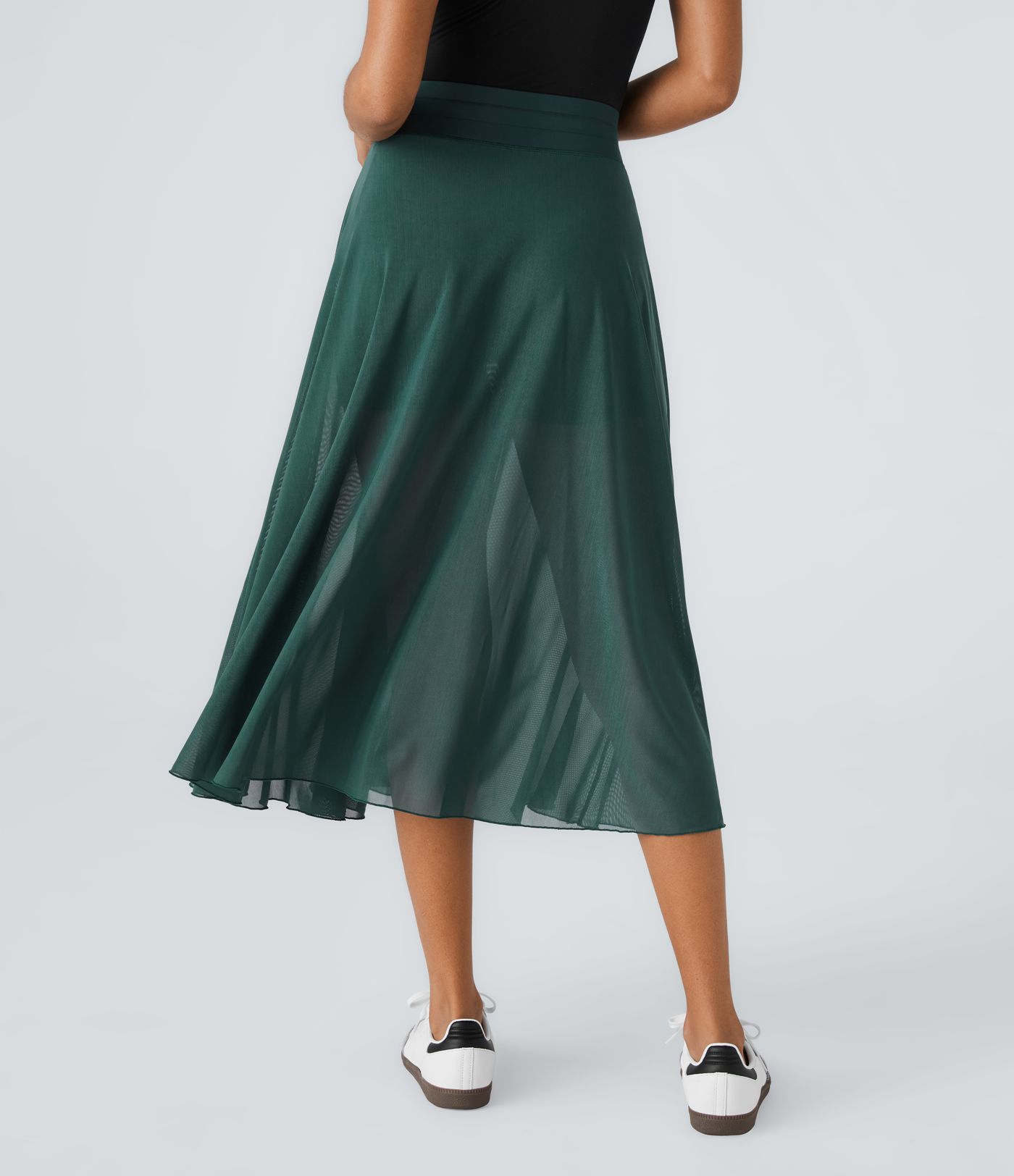 2-in-1 Midi-Hosenrock mit hohem Bund, Seitentaschen, Kordelzug und kontrastierendem Netz