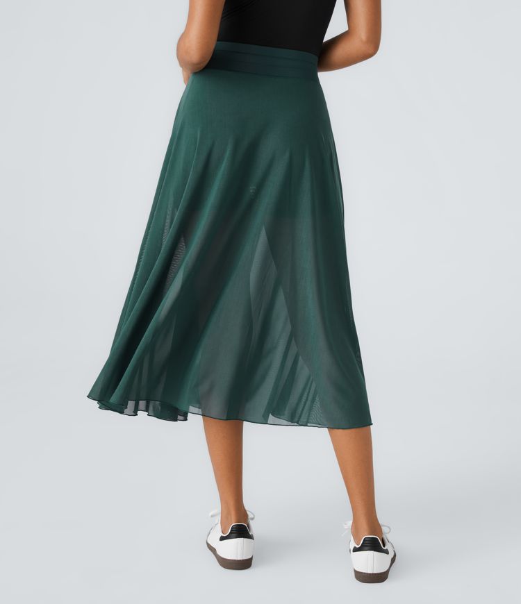 High Waisted Drawstring Contrast Mesh 2-in-1 Side Pocket Flowy Midi Flare Casual Skirt