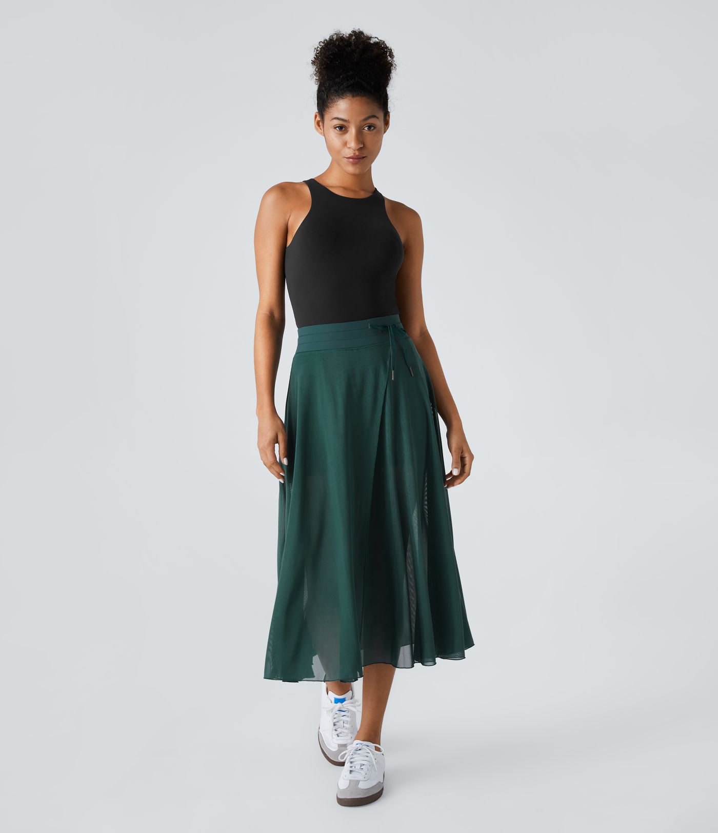 2-in-1 Midi-Hosenrock mit hohem Bund, Seitentaschen, Kordelzug und kontrastierendem Netz