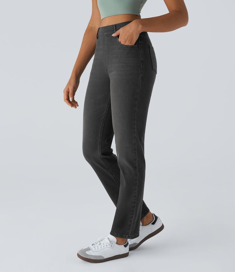 HalaraMagic™ High Waisted Multiple Pockets Straight Leg Washed Stretchy Knit Casual Jeans