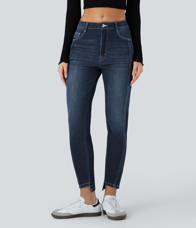 HalaraMagic™ Mid Rise Button Zipper Multiple Pockets Stretchy Knit Casual Skinny Jeans