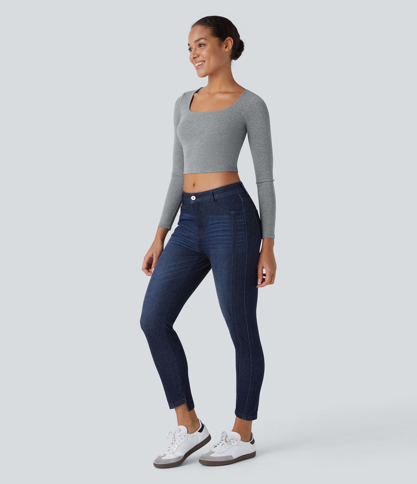 Halara Flex™ Skinny-Jeans aus elastischem Denim im 5-Pocket-Style mit mittelhohem Bund und Knöpfe-Reißverschluss