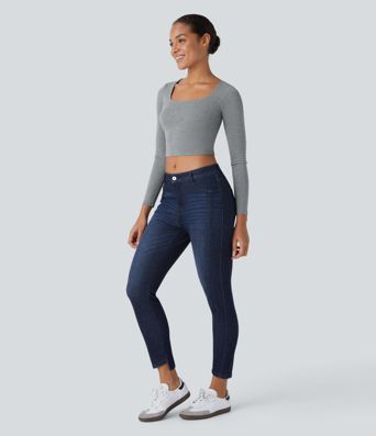 Halara Flex™ Skinny-Jeans aus elastischem Denim im 5-Pocket-Style mit mittelhohem Bund und Knöpfe-Reißverschluss