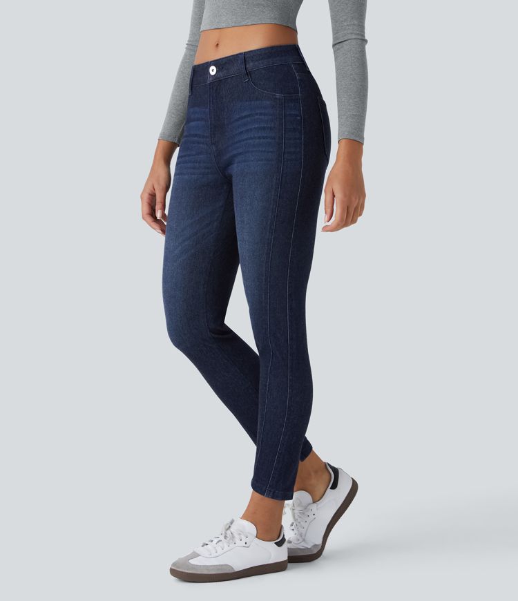 Halara Flex™ Mid Low Rise Button Zipper Multiple Pockets Stretchy Knit Casual Skinny Jeans