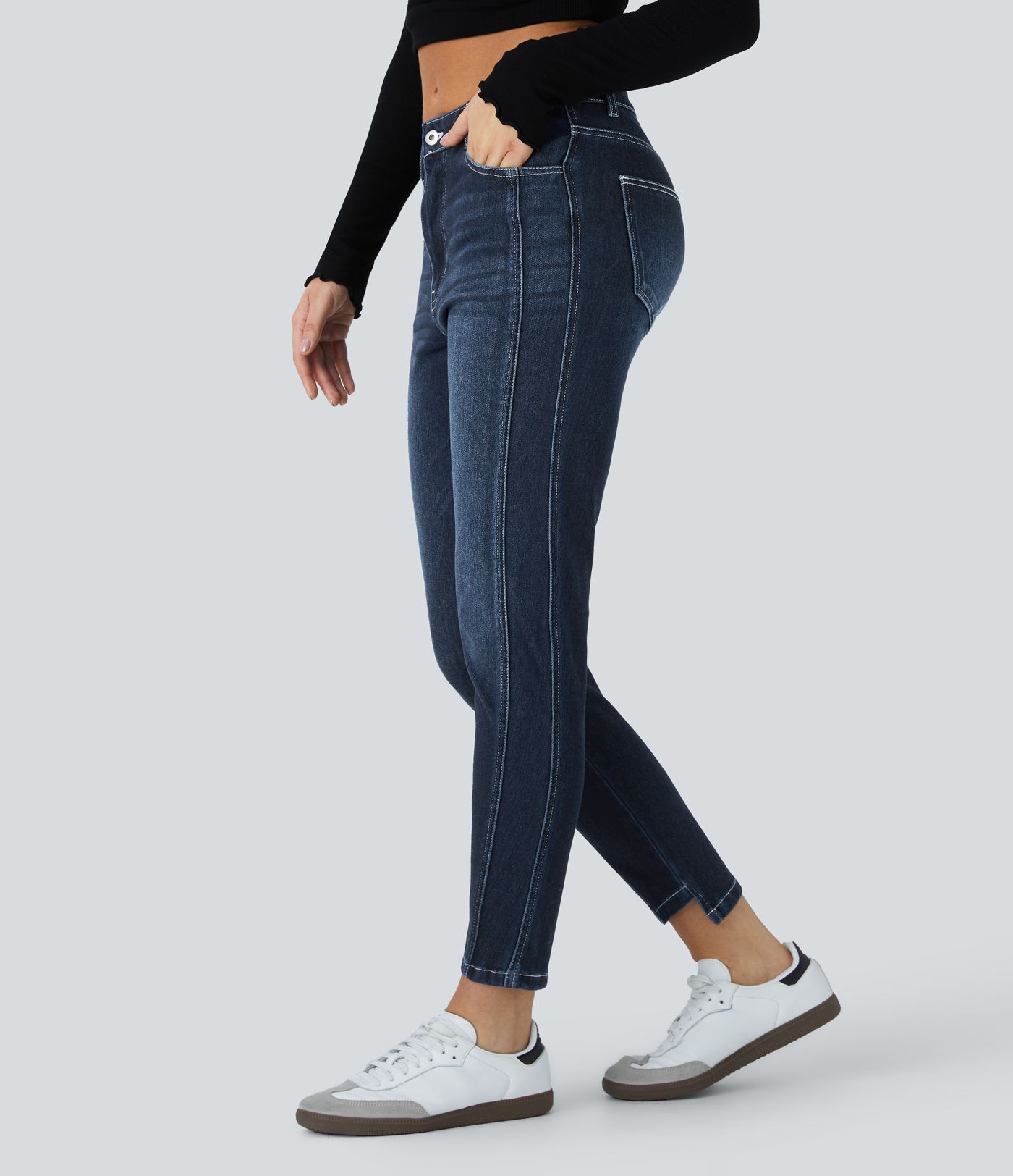 Halara Flex™ Mid Low Rise Button Zip Multiple Pockets Stretch Knit Casual Skinny Jeans
