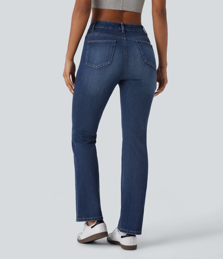 Halara Flex™ Jeans Casual Taille Haute Multiples Poches Lavés Élastiques et Tricotés Coupe Bootcut