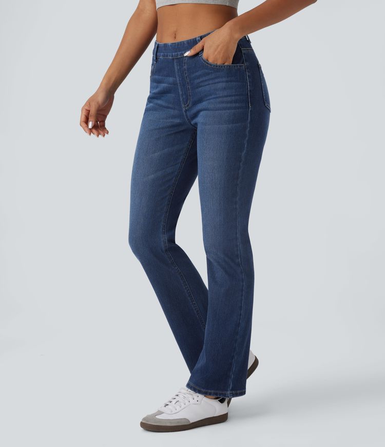 Halara Flex™ Jeans Casual Taille Haute Multiples Poches Lavés Élastiques et Tricotés Coupe Bootcut
