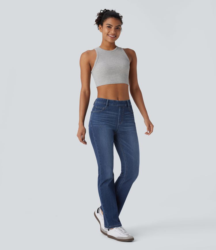 Halara Flex™ Jeans Casual Taille Haute Multiples Poches Lavés Élastiques et Tricotés Coupe Bootcut