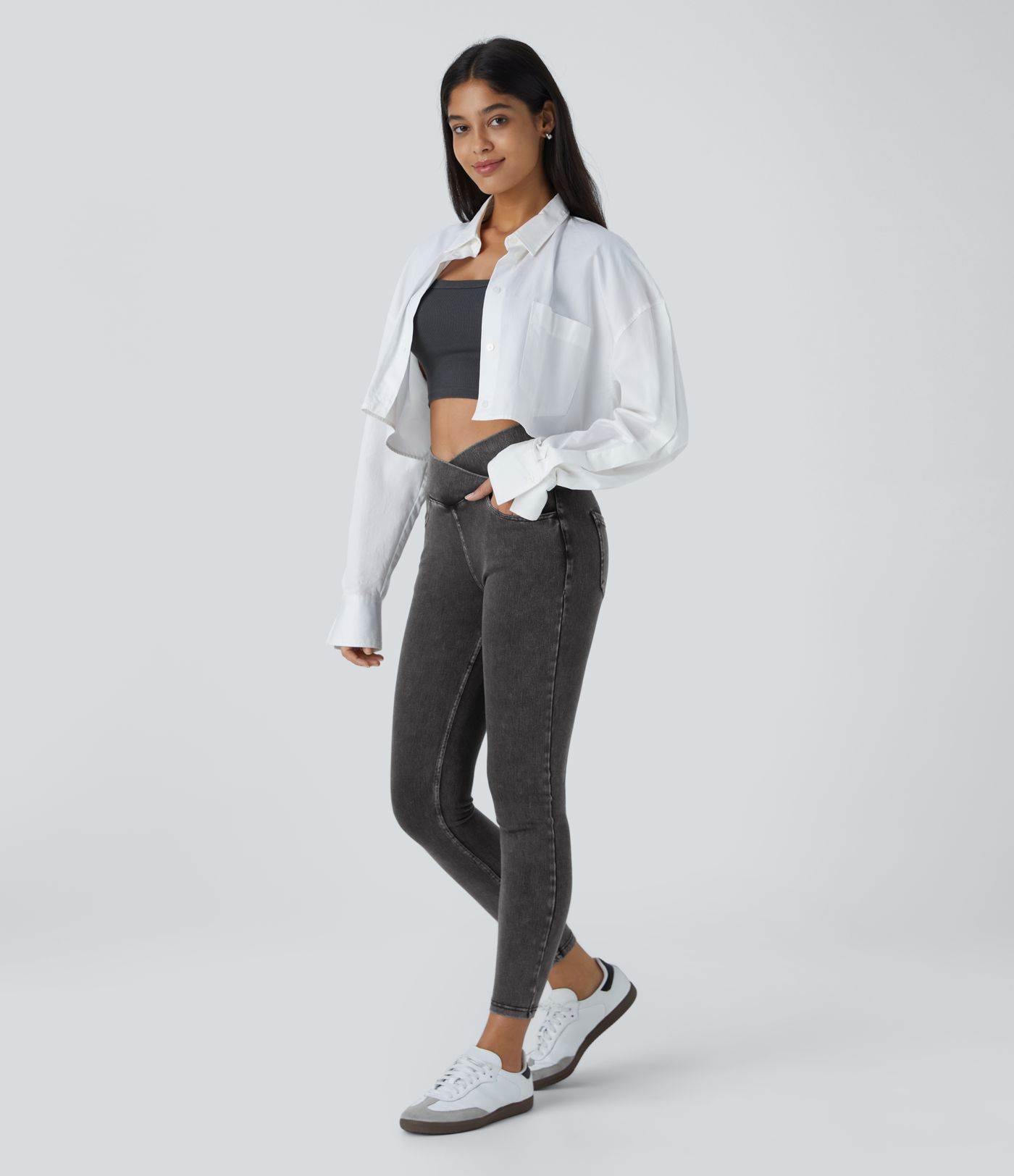 Halara Flex™ Arbeitsleggings aus elastischem Strick-Denim mit hohem Bund und mehreren Taschen