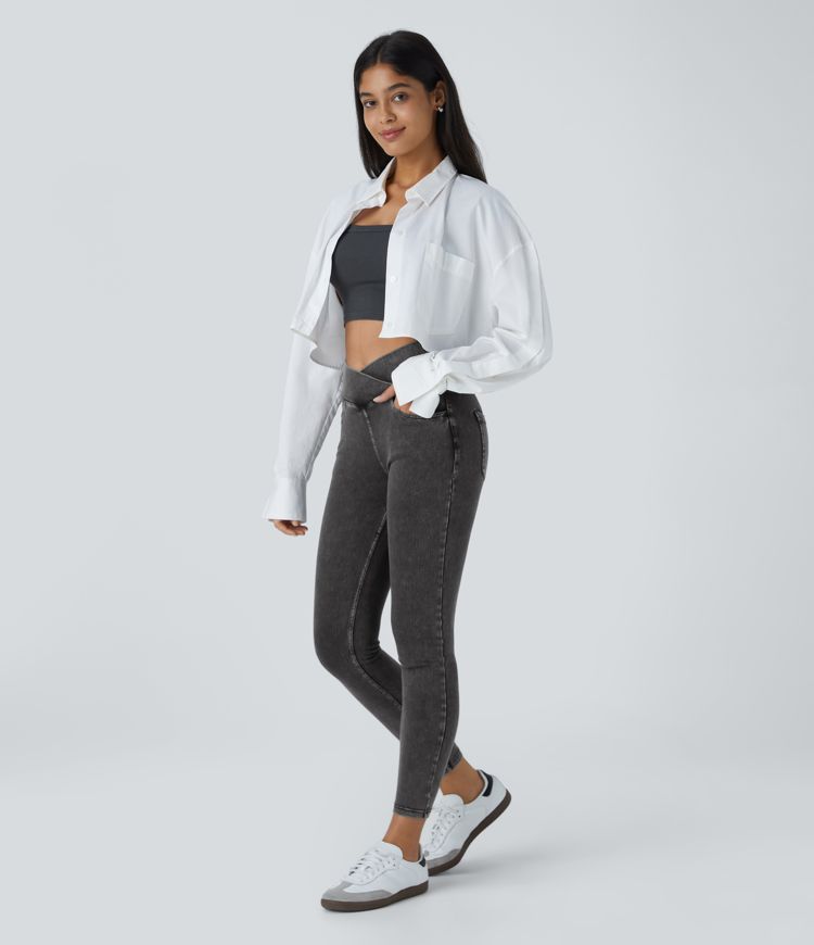 Halara Flex™ Arbeitsleggings aus elastischem Strick-Denim mit hohem Bund und mehreren Taschen