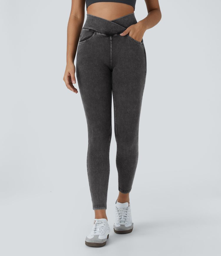 Halara Flex™ Arbeitsleggings aus elastischem Strick-Denim mit hohem Bund und mehreren Taschen