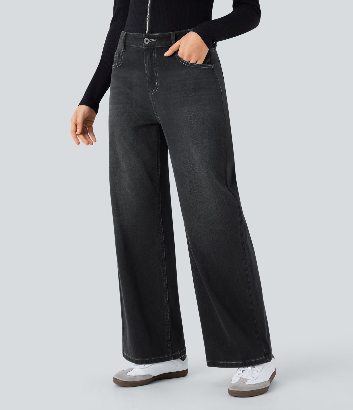 Halara Flex™ Low Rise Zipper Washed Denim Women Wide Leg Baggy Casual Jeans