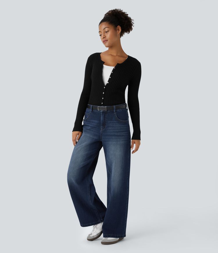 Halara Flex™ Low Rise Zipper Pockets Washed Baggy Wide Leg Casual Jeans