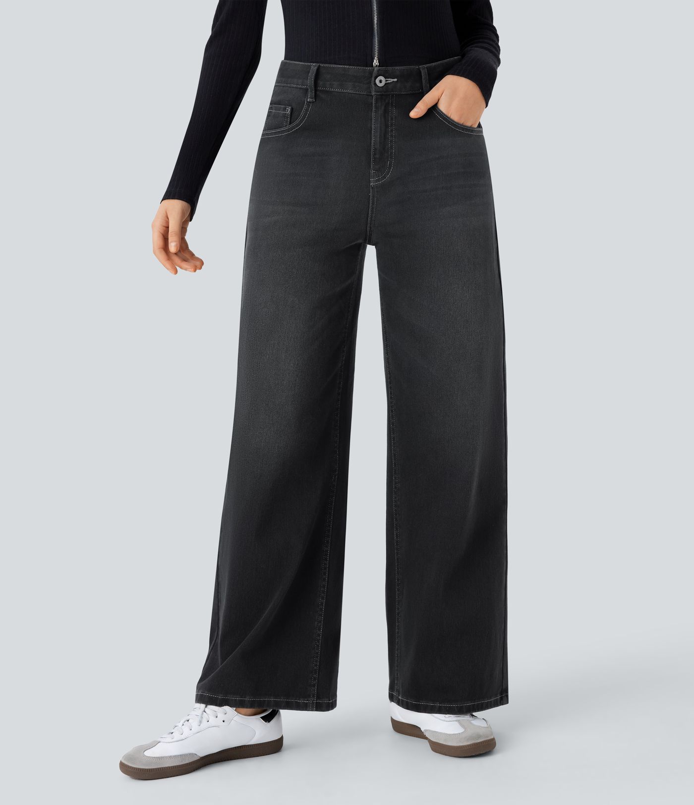 Halara Flex™ Low Rise Zipper Washed Denim Women Wide Leg Baggy Casual Jeans