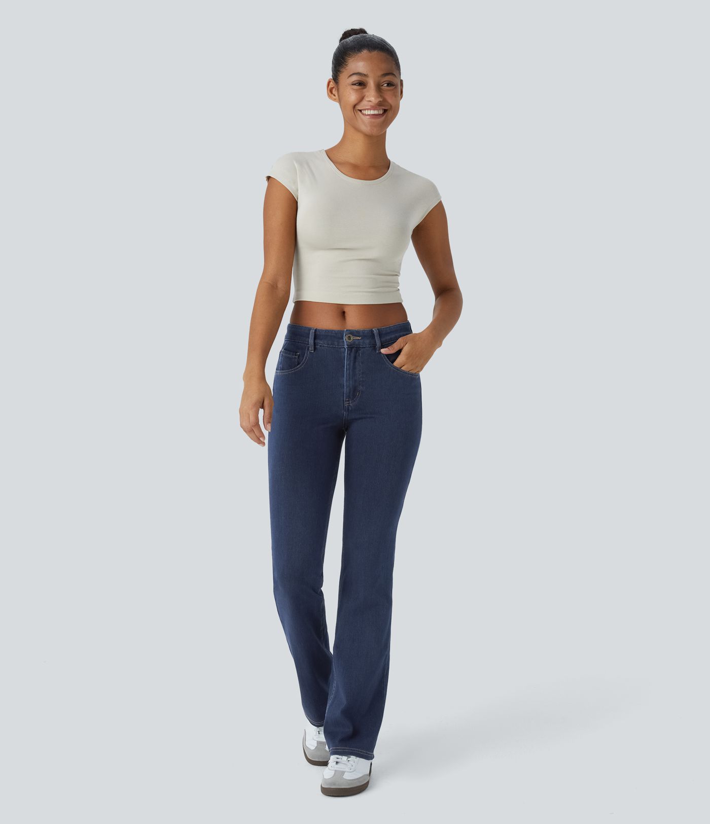 Halara Flex™ Flare Jeans Casual Mid-Rise Stretch Knit Buttoned Pockets