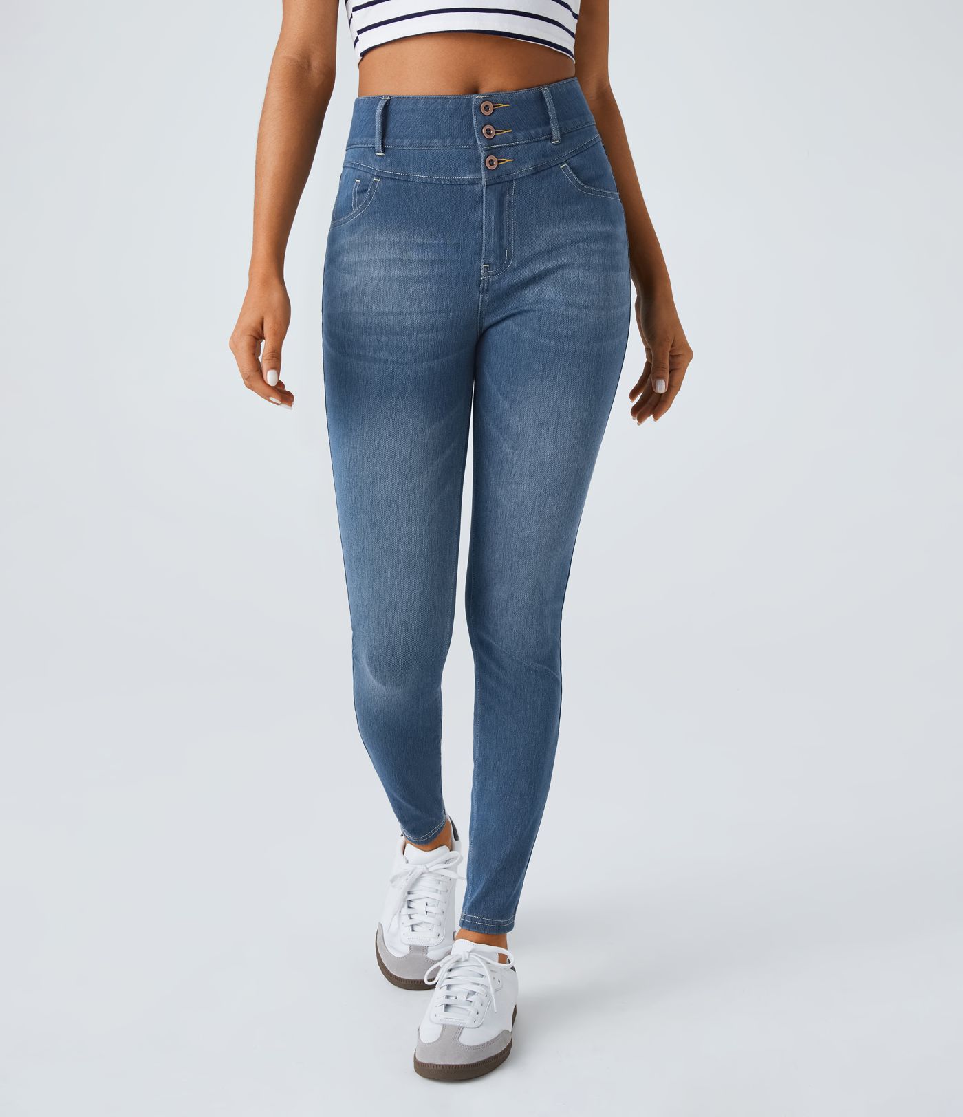 Jeans Halara Flex™ Denim ajustado elástico múltiple bolsillo cremallera botones tiro alto