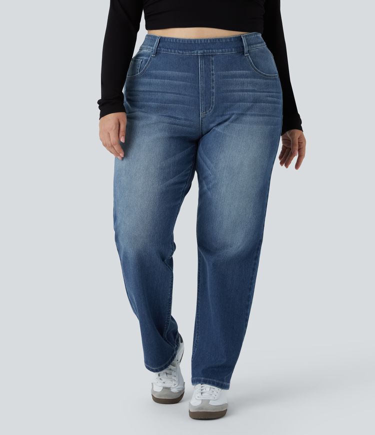 Halara Flex™ High Waisted Multiple Pockets Straight Leg Washed Stretchy Knit Casual Plus Size Jeans