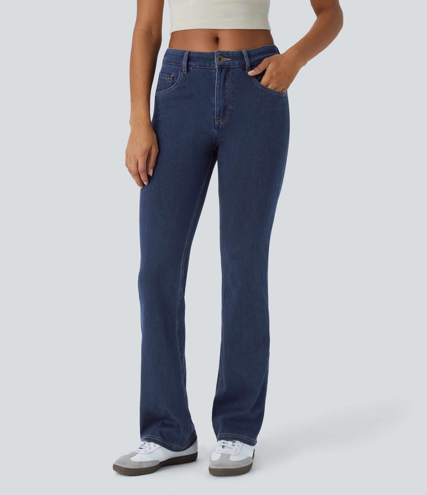 Halara Flex™ Flare Jeans Casual Mid-Rise Stretch Knit Buttoned Pockets