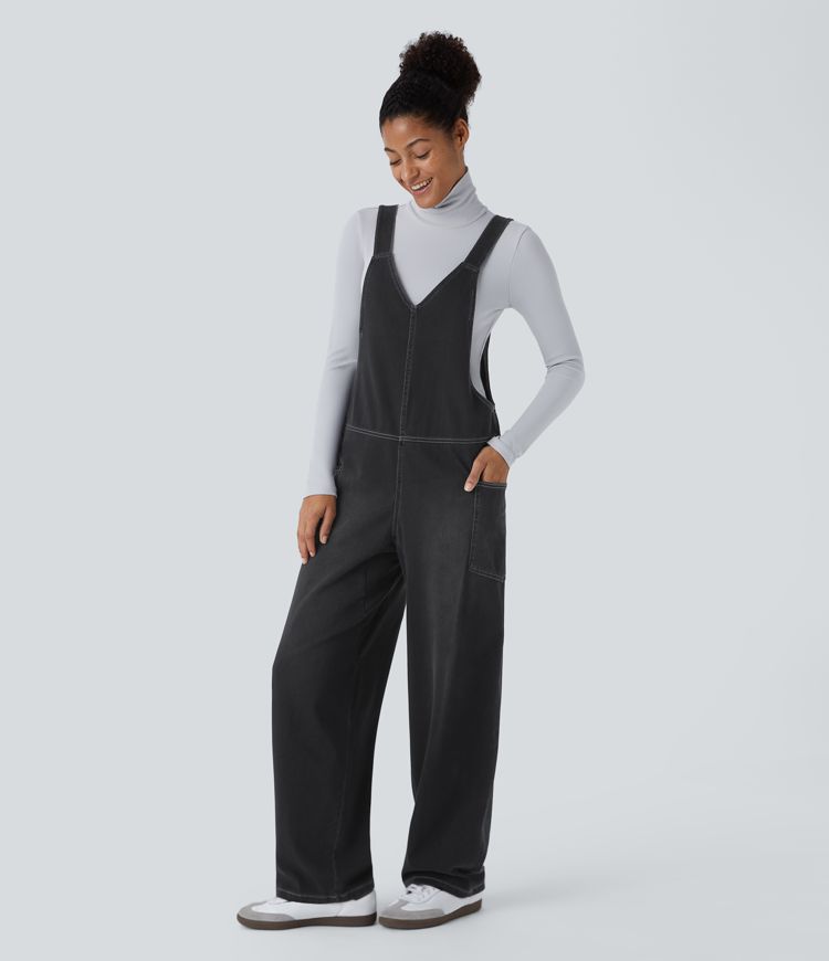 Halara Flex™ Peto casual de mezclilla con bolsillos lavados y cuello en V