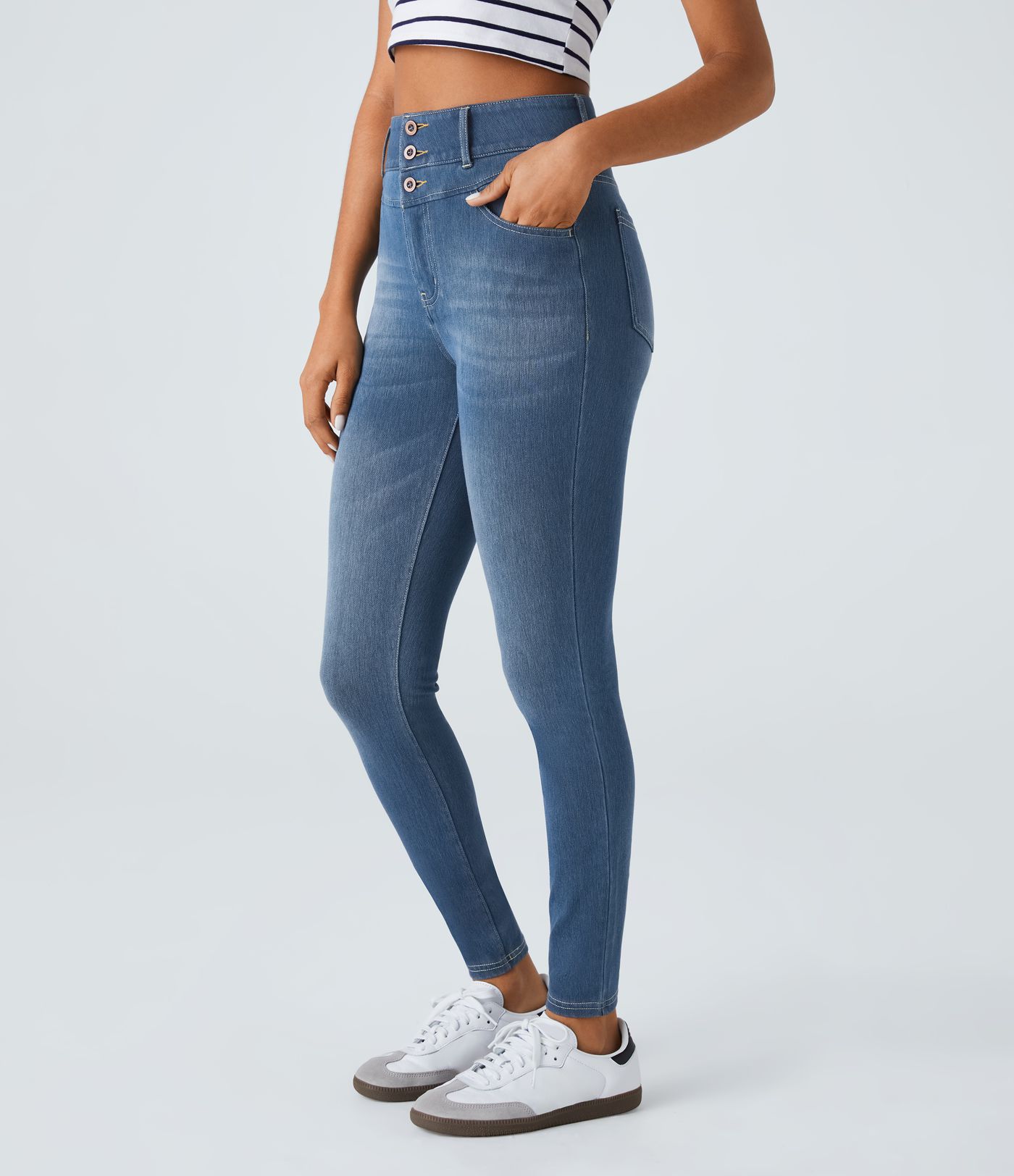 Jeans Halara Flex™ Denim ajustado elástico múltiple bolsillo cremallera botones tiro alto