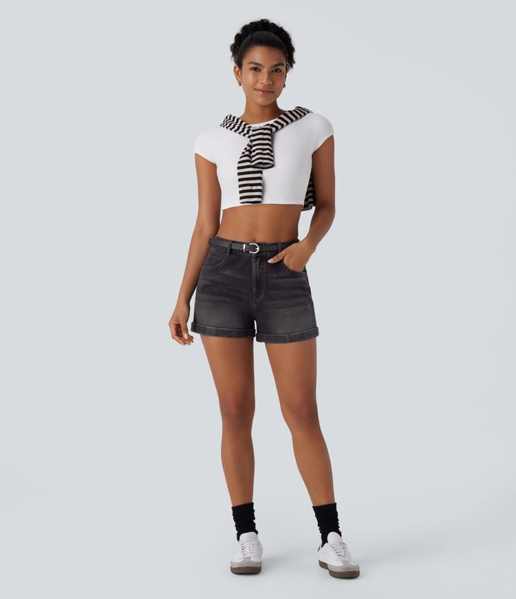 Short 7,5 cm décontracté en jean extensible Halara Flex™ taille moyenne avec boutons, zip et multiples poches