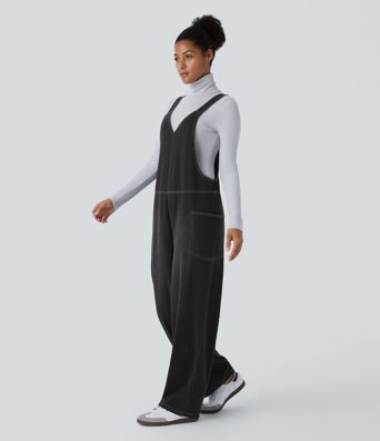 Halara Flex™ Peto casual de mezclilla con bolsillos lavados y cuello en V