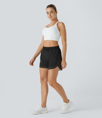 Mid Rise Drawstring Contrast Mesh 2-in-1 Flowy Running Shorts 5''