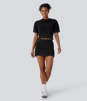 High Waisted 2-in-1 Pocket Open Knit Mini Casual Sweater Skirt