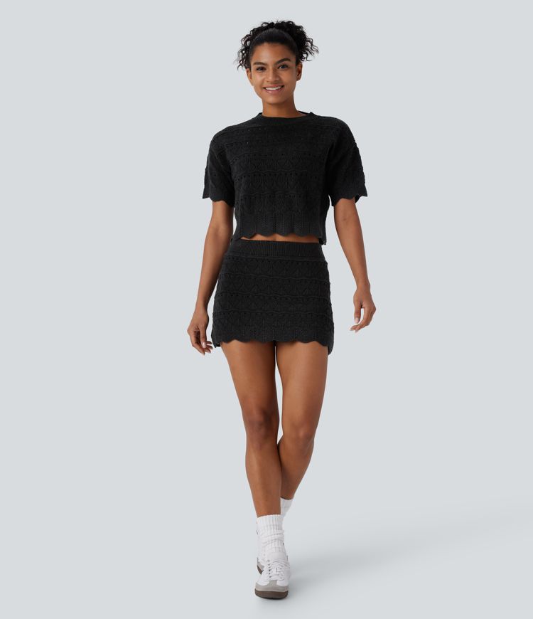 High Waisted 2-in-1 Pocket Open Knit Mini Casual Sweater Skirt