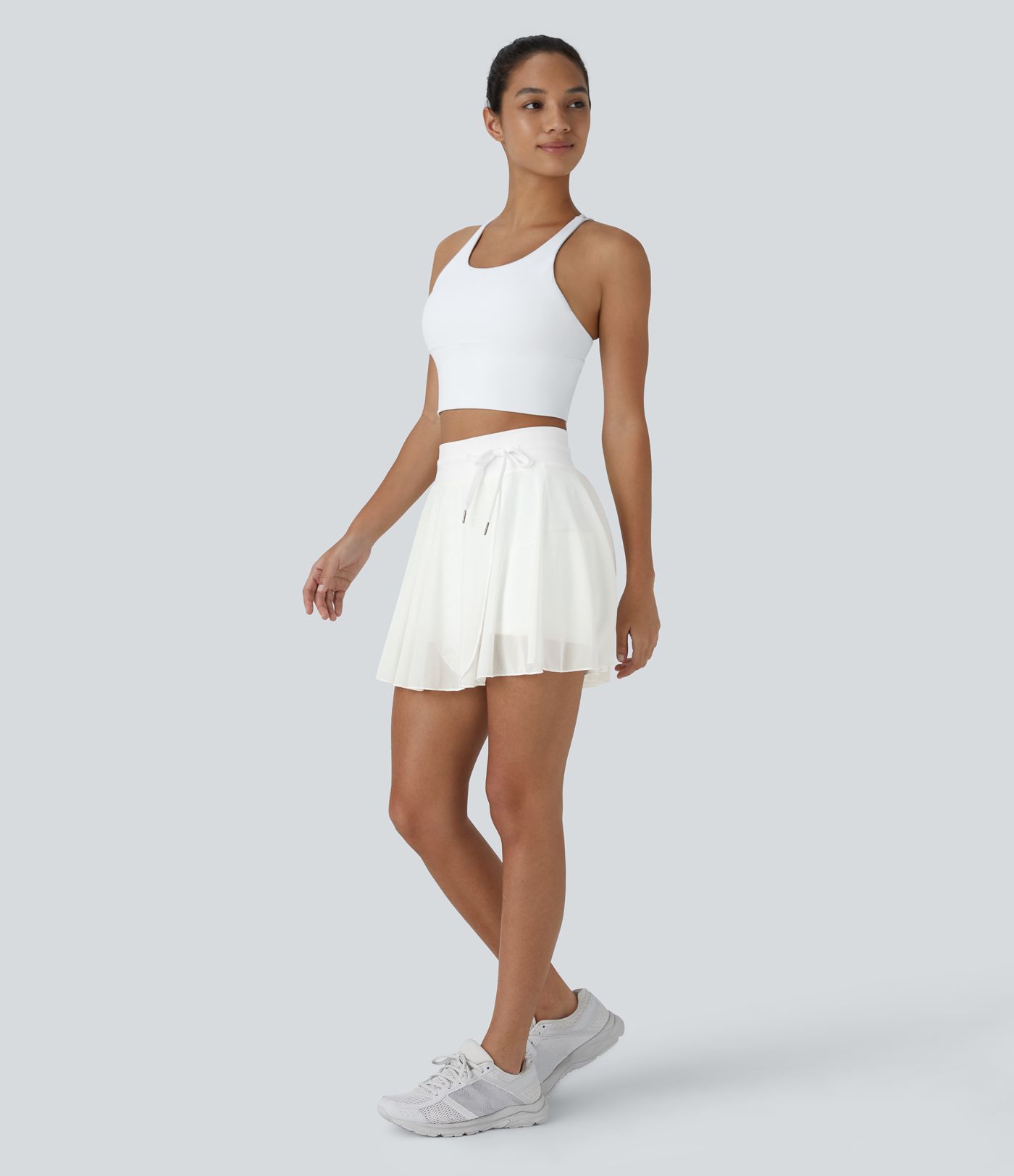High Waisted Drawstring Contrast Mesh 2-in-1 Pocket Flowy Mini Flare Casual Skirt