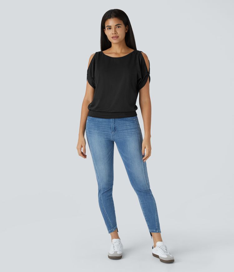 Boat Neck Short Sleeve Cut Out Casual T-Shirt