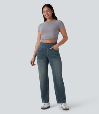 Halara Flex™ Jeans mit hohem Bund, mehreren Taschen, geradem Bein, verwaschenem