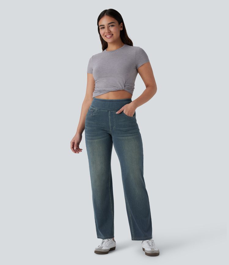 Halara Flex™ Jeans mit hohem Bund, mehreren Taschen, geradem Bein, verwaschenem