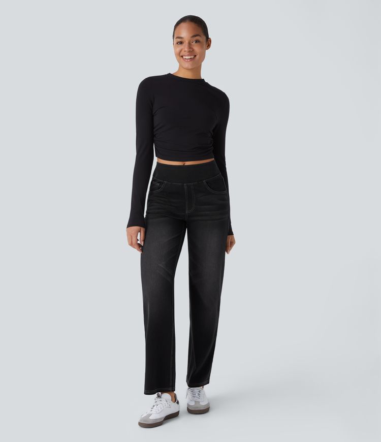 Relaxed fit High-waisted Halara Flex™ jeans, stretchy, faded, straight legs with multiple pockets