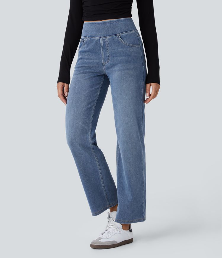 HalaraMagic™ High Waisted Multiple Pockets Straight Leg Washed Stretchy Knit Casual Jeans