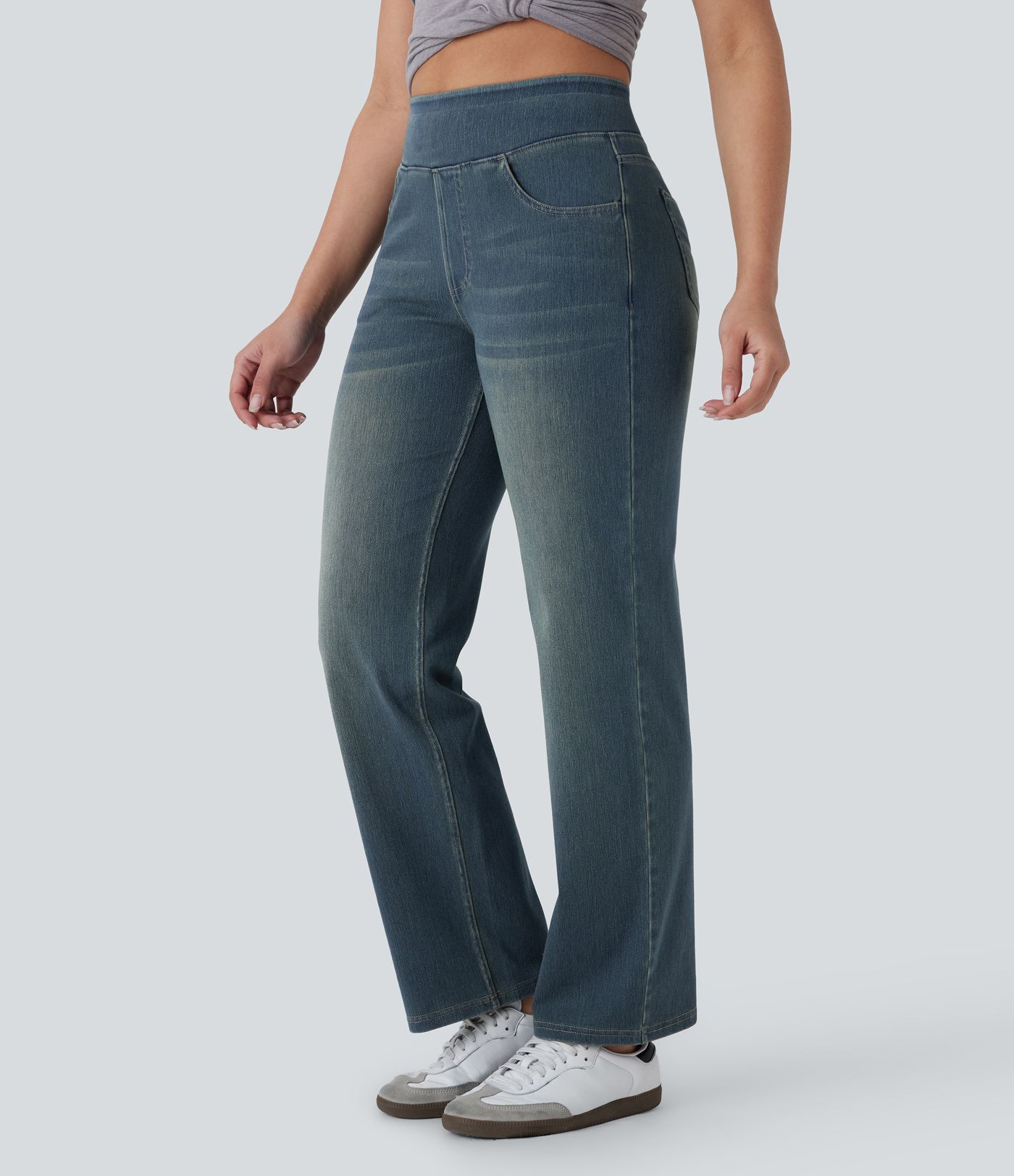 Halara Flex™ Jeans mit hohem Bund, mehreren Taschen, geradem Bein, verwaschenem