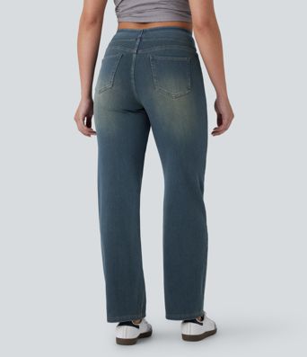 Halara Flex™ Jeans mit hohem Bund, mehreren Taschen, geradem Bein, verwaschenem
