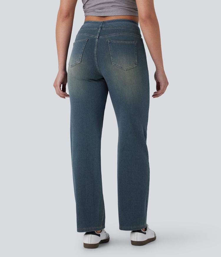HalaraMagic™ High Waisted Multiple Pockets Straight Leg Washed Stretchy Knit Casual Jeans