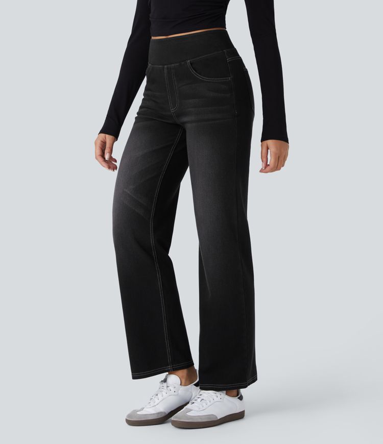 Relaxed fit High-waisted Halara Flex™ jeans, stretchy, faded, straight legs with multiple pockets