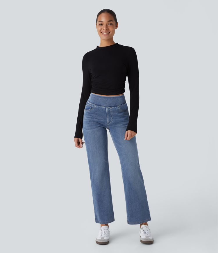 Halara Flex™ High Waisted Pockets Straight Leg Washed Casual Jeans